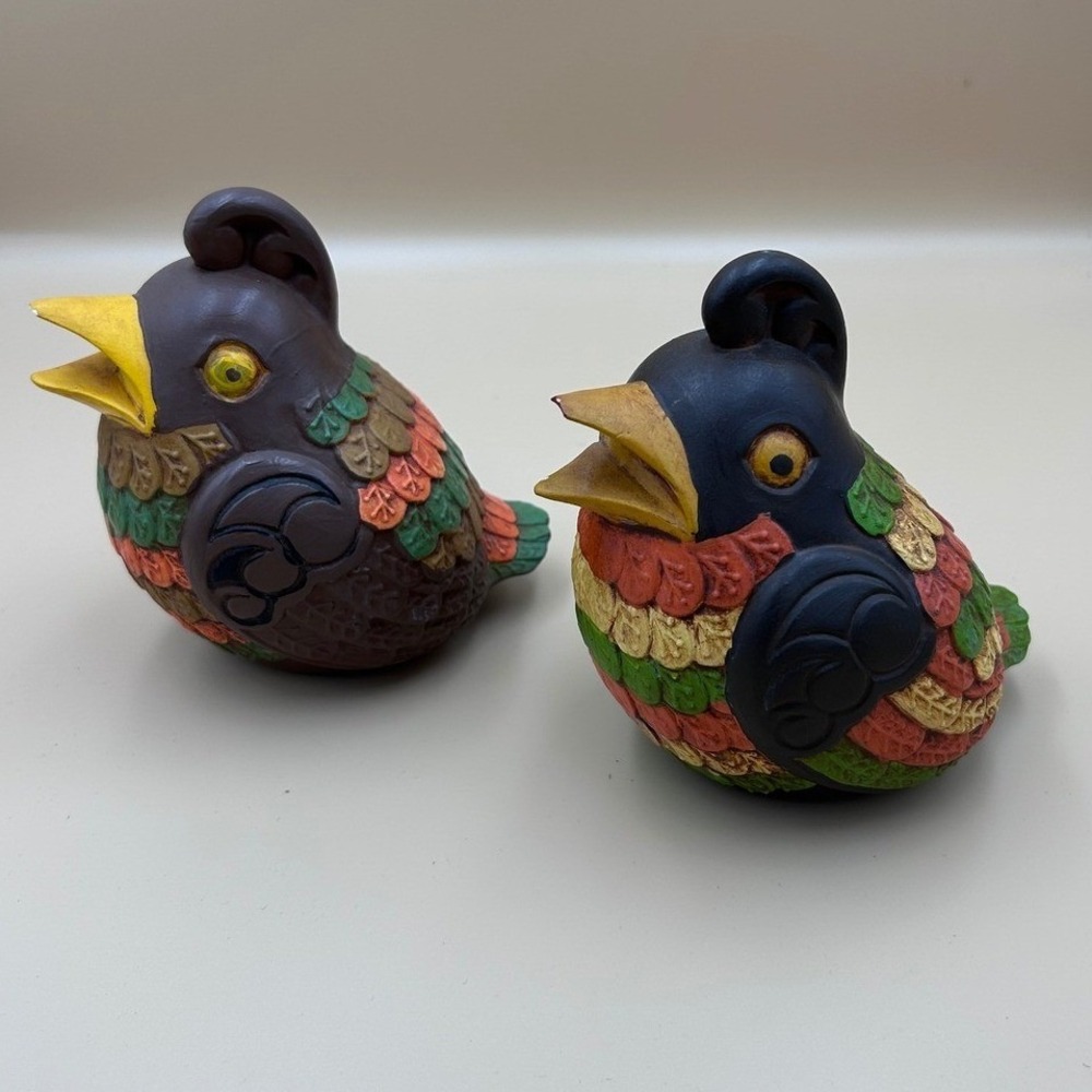 Vintage Hand Painted Ceramic Bird Figurines Folk Art Pottery Set of 2 Mult Color